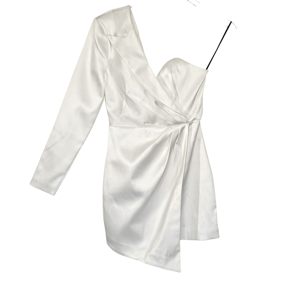 NBD White Satin One Shoulder Long Sleeve Mini Dress Asymmetrical Bridal Sz S NEW - Picture 5 of 10